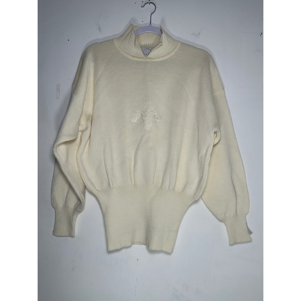Bogner Vintage Mock Neck Knit Sweater Cream Floral Embroidered Balloon Sleeve